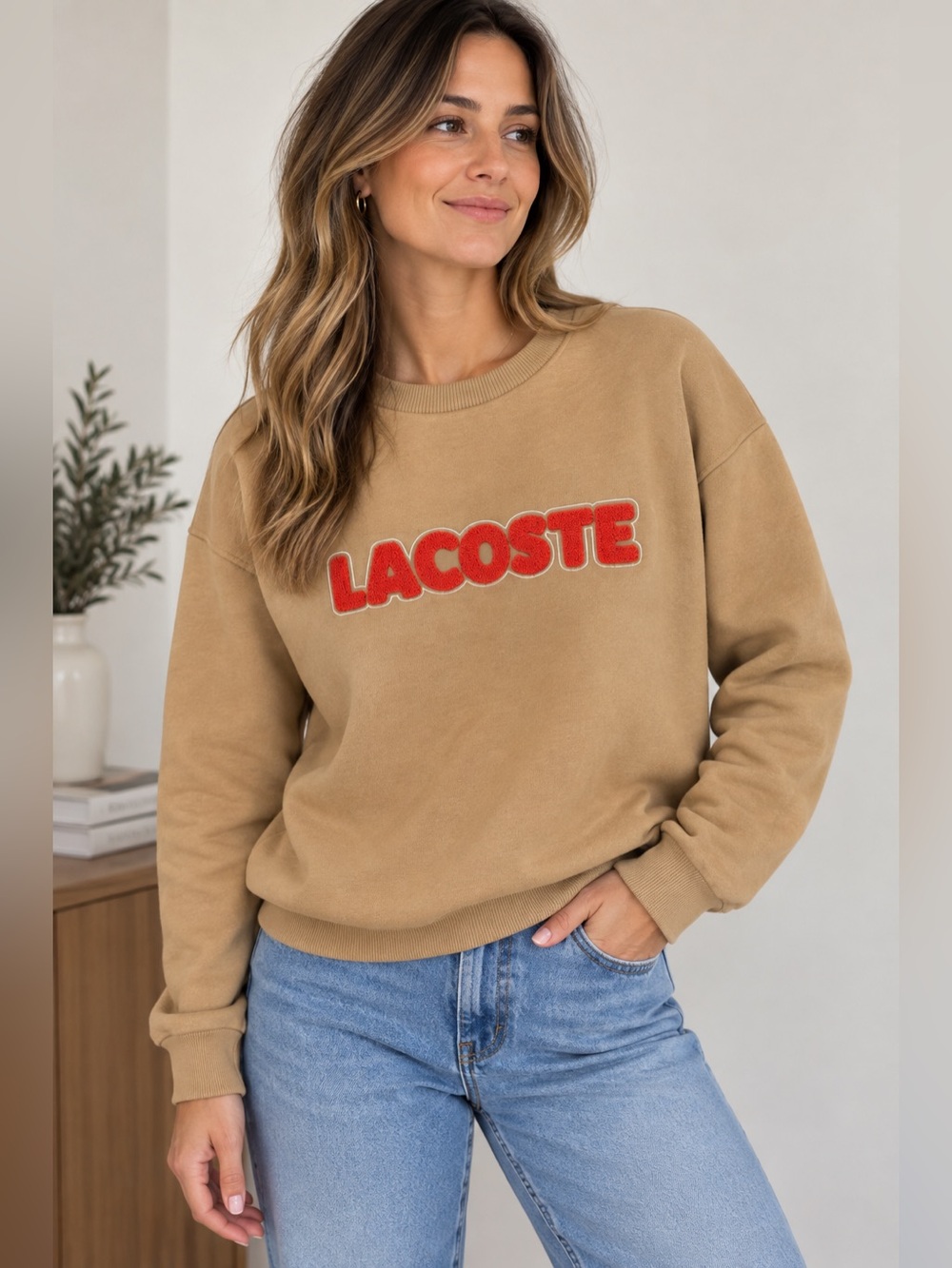 Lacoste Logo Crewneck Sweatshirt Tan Orange Size 34